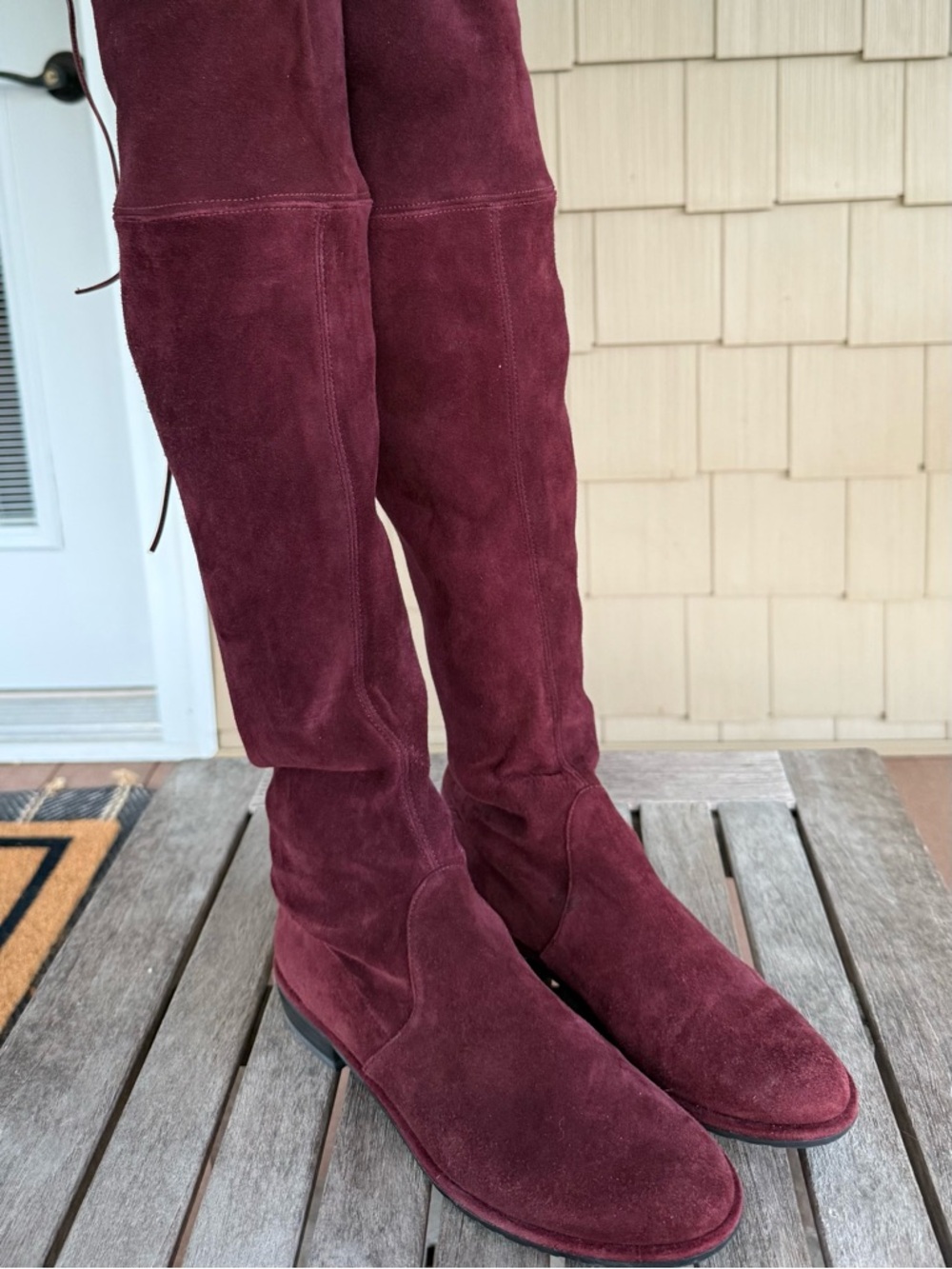 Stuart Weitzman Lowland Burgundy Suede Over The Knee Boots Size 7 Flat OTK Tie